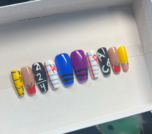 School Theme Nails| Back To School Nails| Teacher Press On Nails | Long Press On Nails| Fake Nails | Press On Nails | Short Press Ons